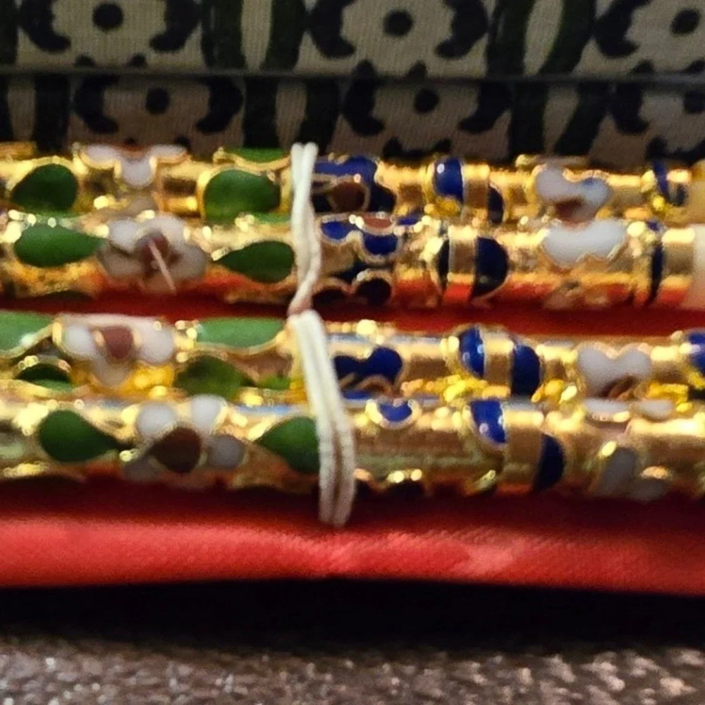 Vintage Cloisonne Enamel Floral Chopsticks Set‎ 2 Pairs with Gift Box Gold Blue